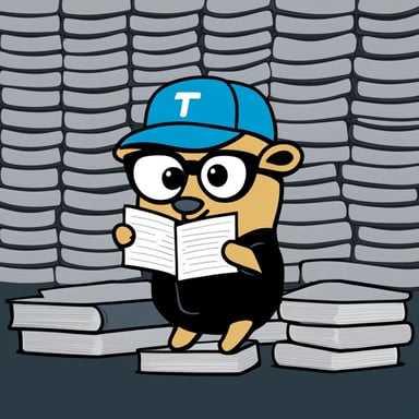 A tired and sweaty Go Blue Gopher, with a black T-shirt featuring Typeform's logo, stands over a pile of paperwork.