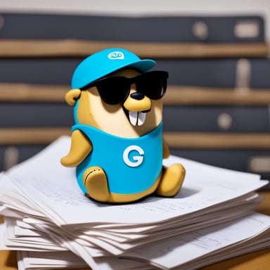A tired and sweaty Go Blue Gopher, with a black T-shirt featuring Typeform's logo, stands over a pile of paperwork.