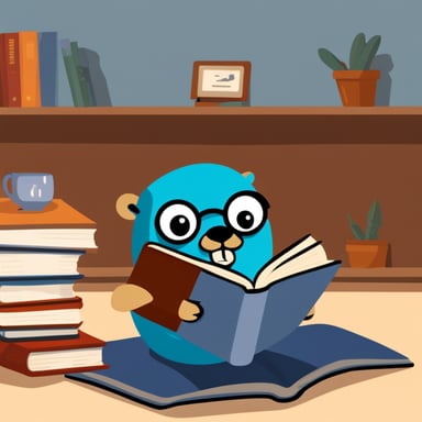 Go Blue Gopher disappointedly reading a book about Rust programming language.