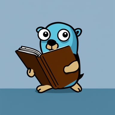 Go Blue Gopher disappointedly reading a book about Rust programming language.