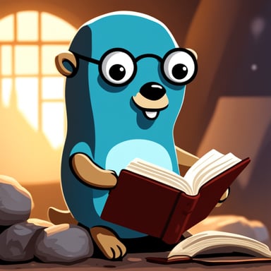 Go Blue Gopher disappointedly reading a book about Rust programming language.