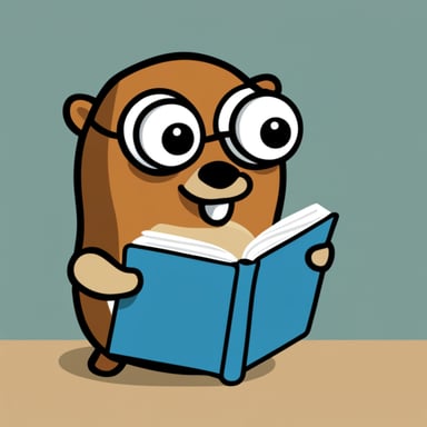 Go Blue Gopher disappointedly reading a book about Rust programming language.