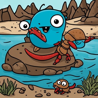 A muscular Go Blue Gopher fighting with a red crab.