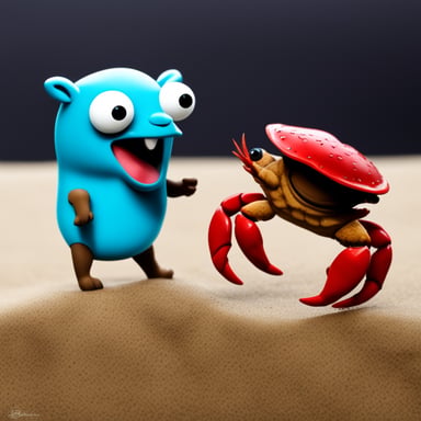 A muscular Go Blue Gopher fighting with a red crab.