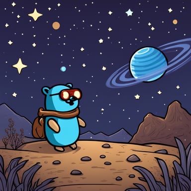 Go Blue Gopher observing the galaxy and stars.
