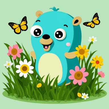 Go Blue Gopher with butterflies and spring flowers.