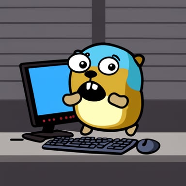 Go Blue Gopher is crying over a computer.