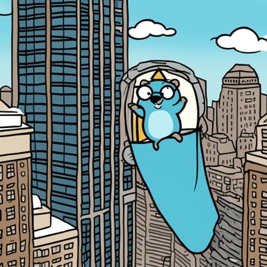 A go blue gopher, filled with adventure, finds a safe and fun way to parachute from a skyscraper window, landing softly amidst cheers and excitement.