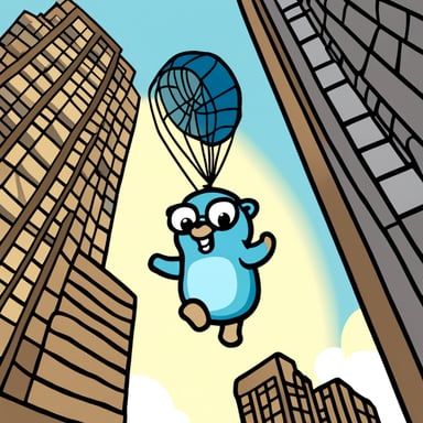 A go blue gopher, filled with adventure, finds a safe and fun way to parachute from a skyscraper window, landing softly amidst cheers and excitement.
