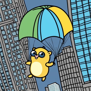 A go blue gopher, filled with adventure, finds a safe and fun way to parachute from a skyscraper window, landing softly amidst cheers and excitement.