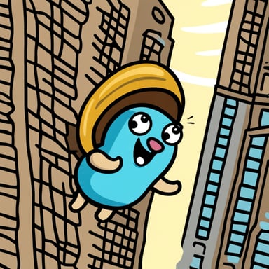 A go blue gopher, filled with adventure, finds a safe and fun way to parachute from a skyscraper window, landing softly amidst cheers and excitement.