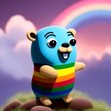 Go Blue Gopher with a rainbow behind.