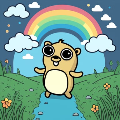 Go Blue Gopher with a rainbow behind.