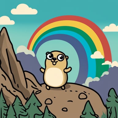 Go Blue Gopher with a rainbow behind.