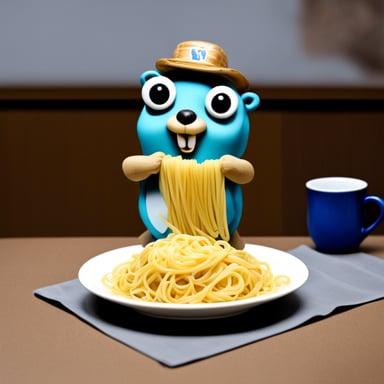 Go Blue Gopher eating pasta.