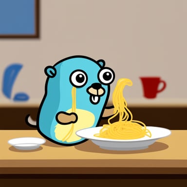 Go Blue Gopher eating spaghetti.