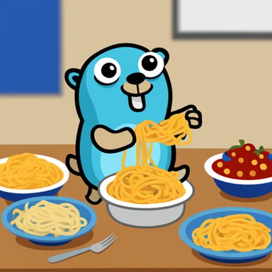 Go Blue Gopher eating spaghetti.