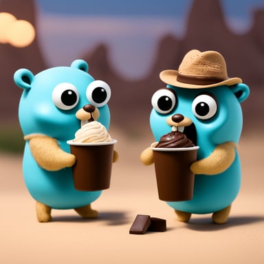 Go Blue Gopher and another gopher are eating chocolate ice cream from exactly one bowl.