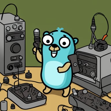 Go Blue Gopher is confused while using a screwdriver on a radio, surrounded by a pile of radio parts.