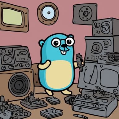 Go Blue Gopher is confused while using a screwdriver on a radio, surrounded by a pile of radio parts.