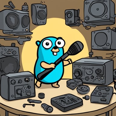 Go Blue Gopher is confused while using a screwdriver on a radio, surrounded by a pile of radio parts.