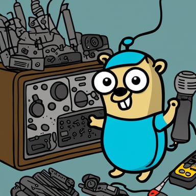 Go Blue Gopher is confused while using a screwdriver on a radio, surrounded by a pile of radio parts.