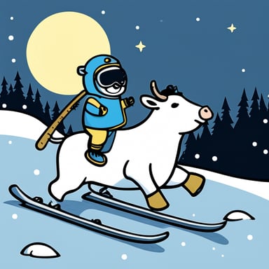 Go Blue Gopher riding a white cow skiing in the moon.