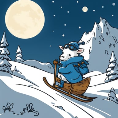 Go Blue Gopher riding a white cow skiing in the moon.