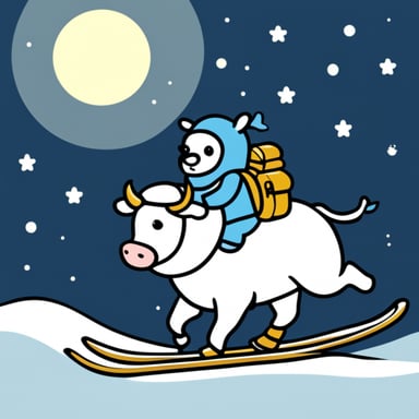 Go Blue Gopher riding a white cow skiing in the moon.
