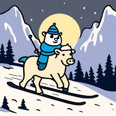 Go Blue Gopher riding a white cow skiing in the moon.