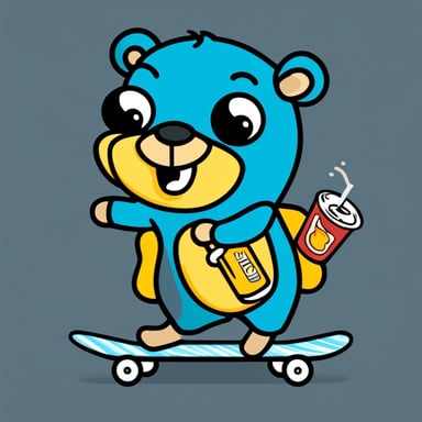 Go Blue Gopher happily holding a soda, with a big smile, riding a skateboard. Safety first sign.