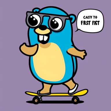 Go Blue Gopher happily holding a soda, with a big smile, riding a skateboard. Safety first sign.