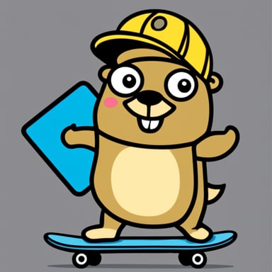 Go Blue Gopher happily holding a soda, with a big smile, riding a skateboard. Safety first sign.
