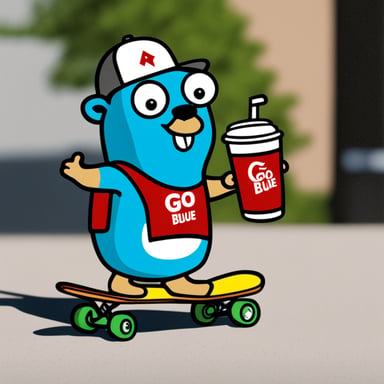 Go Blue Gopher happily holding a soda, with a big smile, riding a skateboard. Safety first sign.