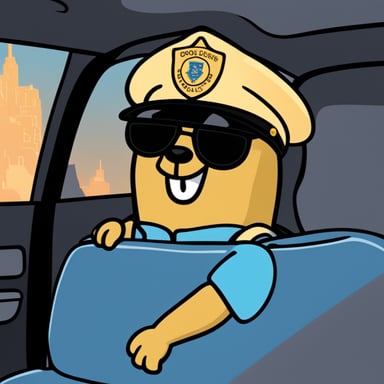 Go Blue Gopher inside the backseat of a police car, ready for an adventure in promoting safety and joy.