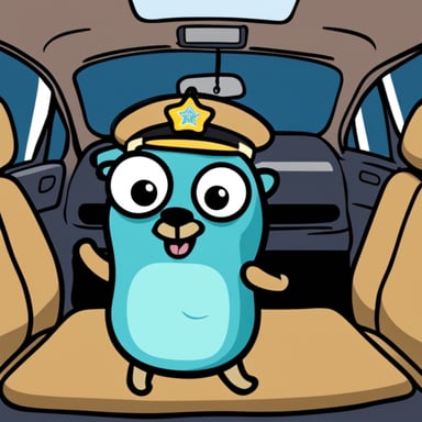 Go Blue Gopher inside the backseat of a police car, ready for an adventure in promoting safety and joy.