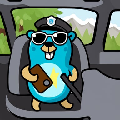 Go Blue Gopher inside the backseat of a police car, ready for an adventure in promoting safety and joy.