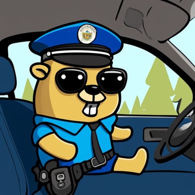 Go Blue Gopher inside the backseat of a police car, ready for an adventure in promoting safety and joy.