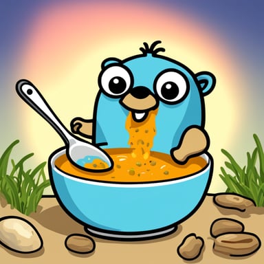Go Blue Gopher enjoying a delicious soup with crabs inside.