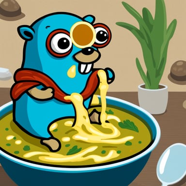 Go Blue Gopher enjoying a delicious soup with crabs inside.