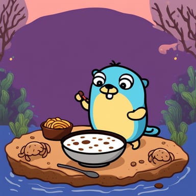 Go Blue Gopher enjoying a delicious soup with crabs inside.