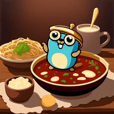 Go Blue Gopher enjoying a delicious soup with crabs inside.