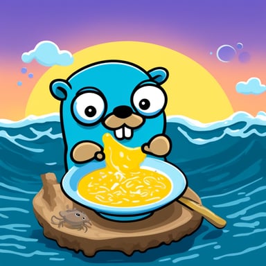 Go Blue Gopher enjoying a soup, but there's a crab on it.