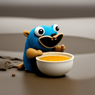 Go Blue Gopher enjoying a soup, but there's a crab on it.