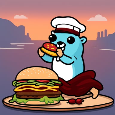 Go Blue Gopher eating a crab burger.