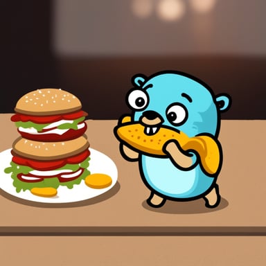 Go Blue Gopher eating a crab burger.