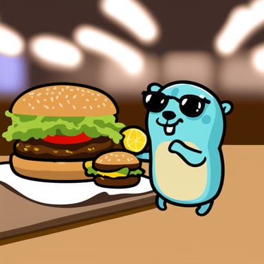 Go Blue Gopher eating a crab burger.