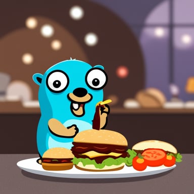 Go Blue Gopher eating a crab burger.