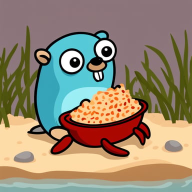 Go blue gopher happily eating a crab.