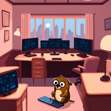 Go blue gopher coding in a cozy room, with code on the screens.
